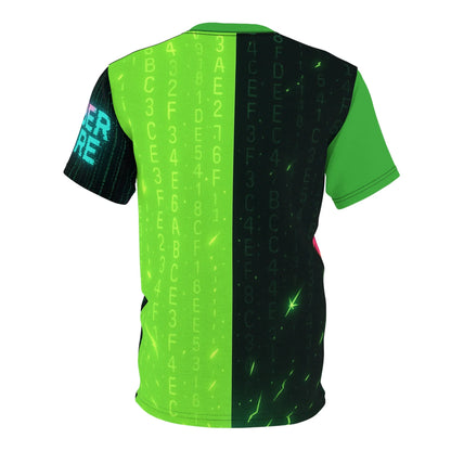 T-shirt with green sleeves and Matrix-style design.