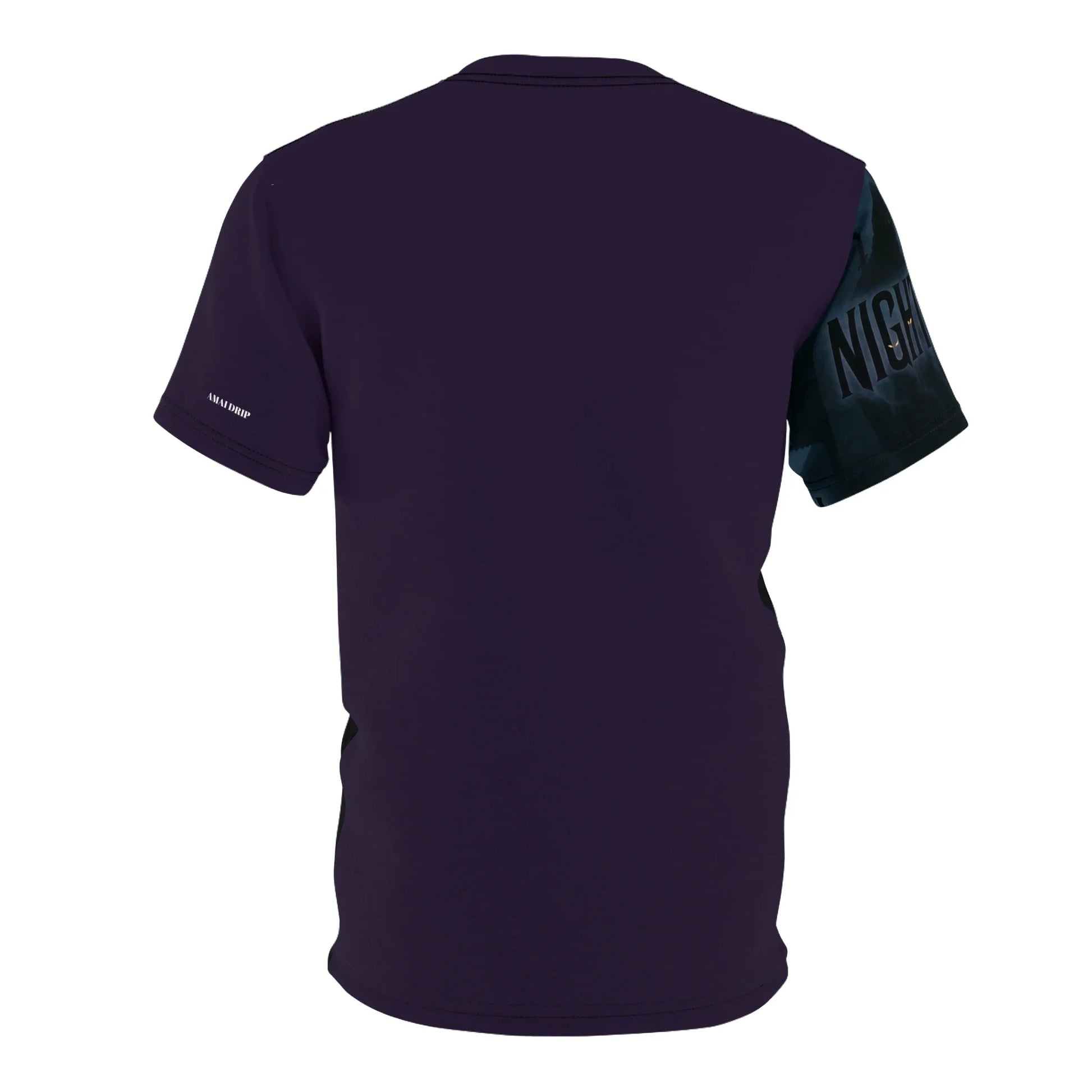 Back of a dark purple T-shirt with a "Night" design on the right sleeve.