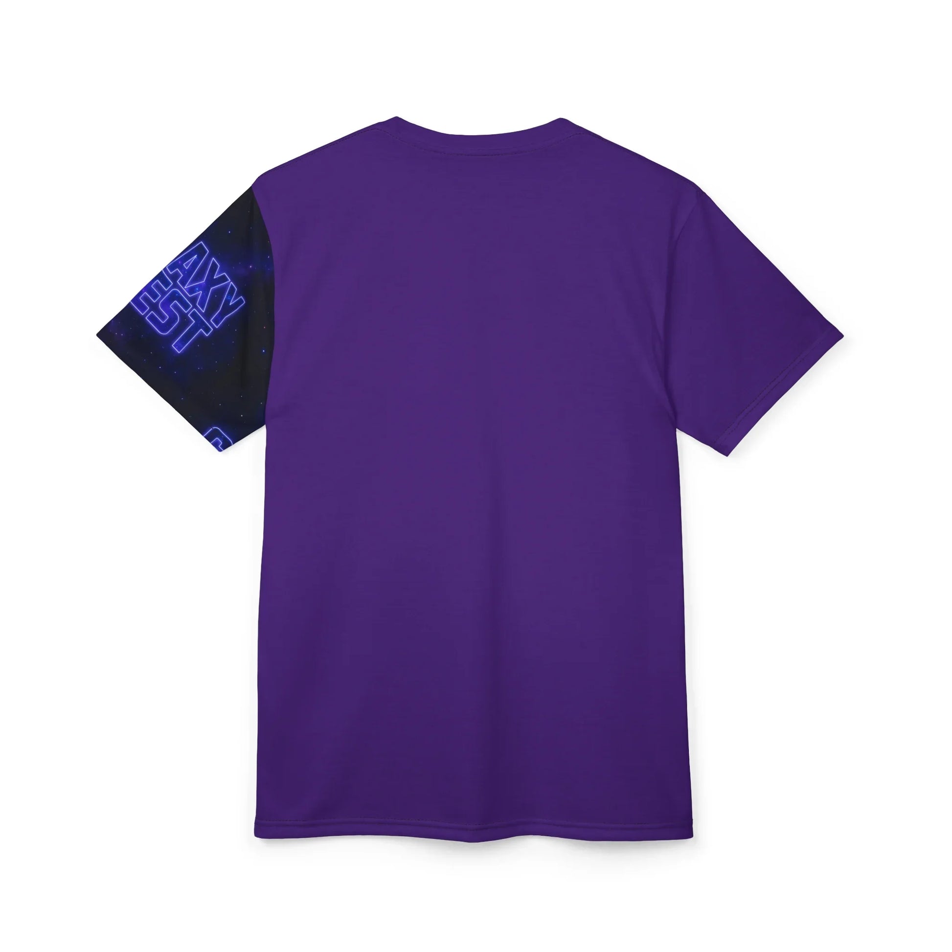 Purple t-shirt with galaxy print on one sleeve.