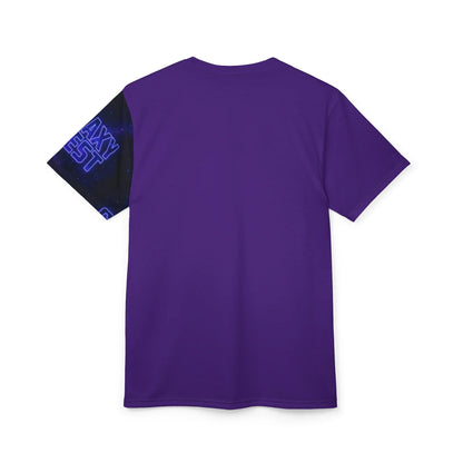 Purple t-shirt with galaxy print on one sleeve.