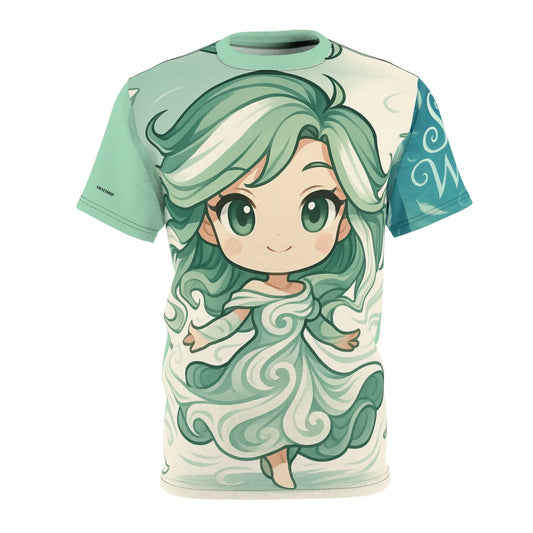 T-shirt with an anime-style water spirit graphic in shades of green and white.