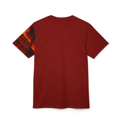 Red t-shirt with fire design on the sleeve.
