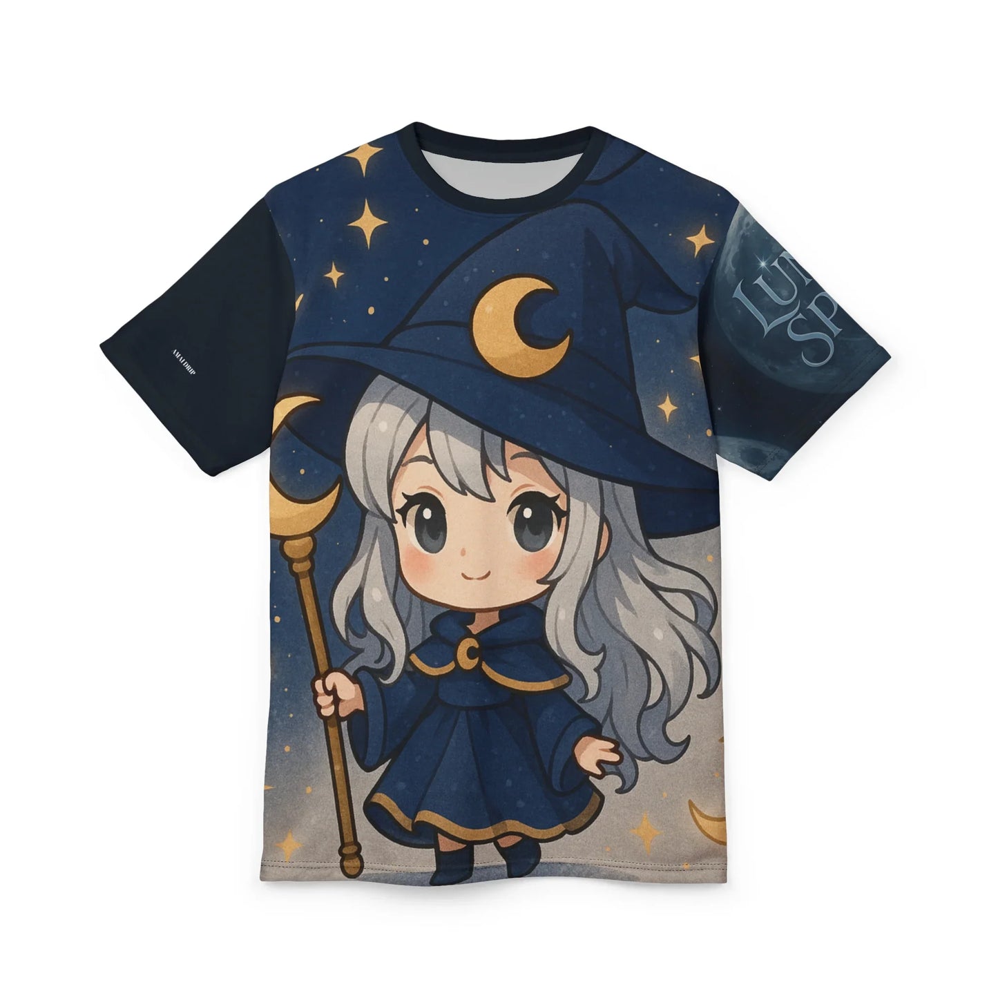 A t-shirt featuring a cartoon witch with a moon theme.