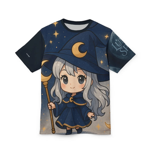 A t-shirt featuring a cartoon witch with a moon theme.