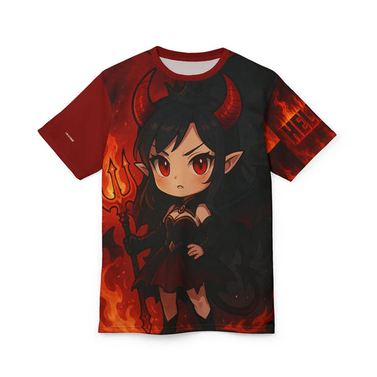 T-shirt with a cartoon devil graphic against a fiery background.