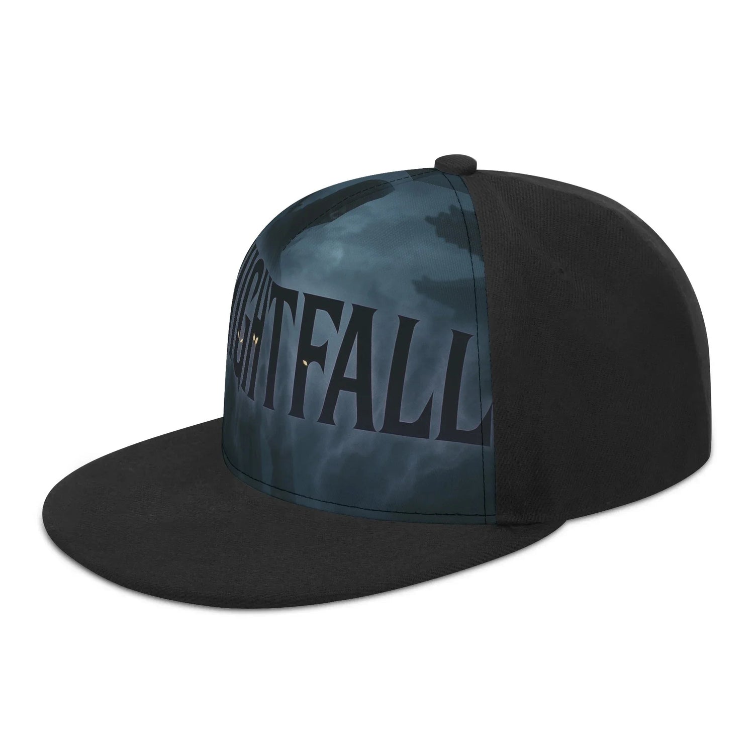 Black cap with "NIGHTFALL" text and stormy sky pattern.