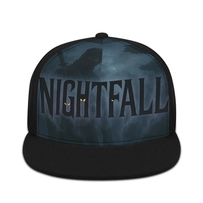 Black and blue baseball cap with the word "NIGHTFALL" printed on the front.