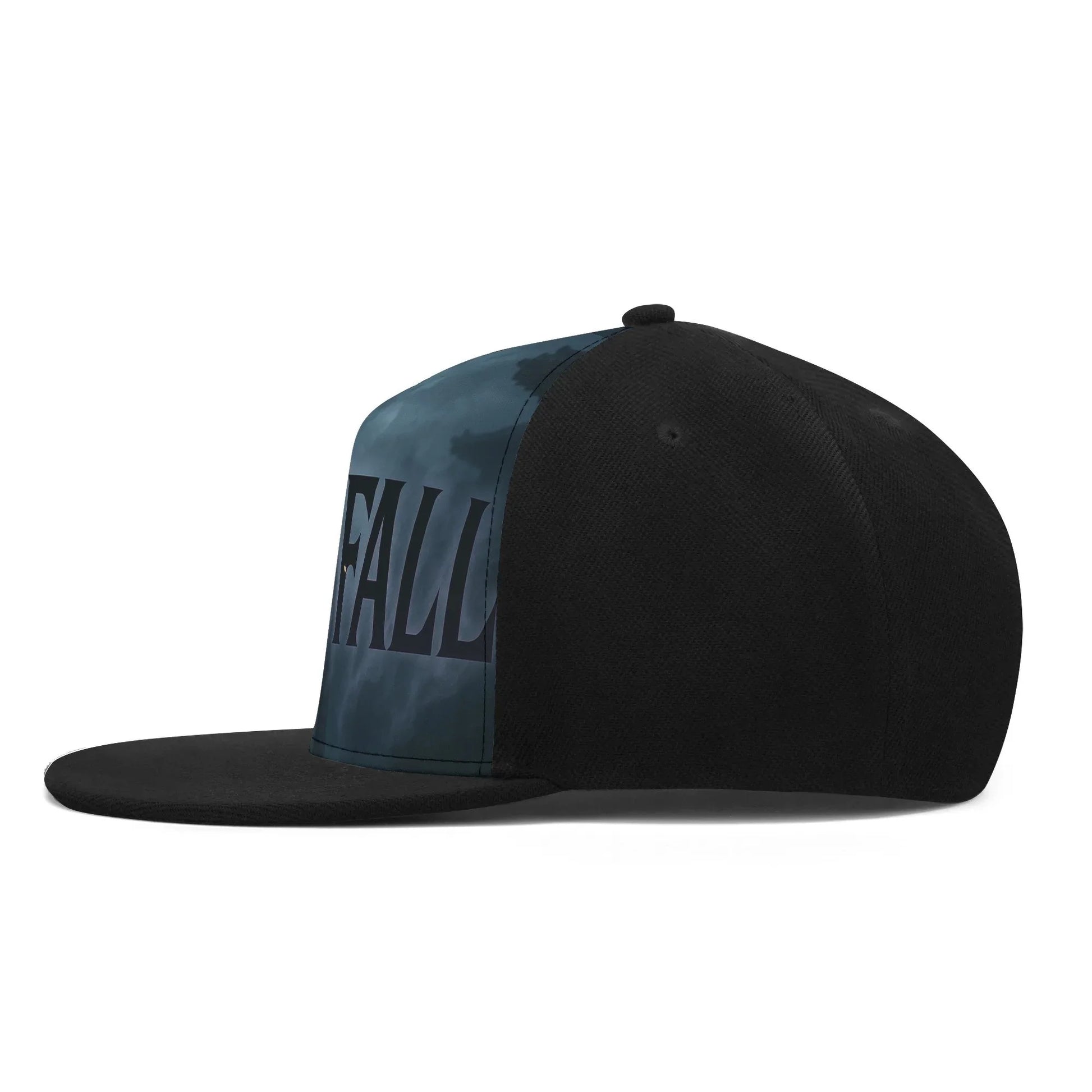 Black cap with word "FALL" printed on the front.