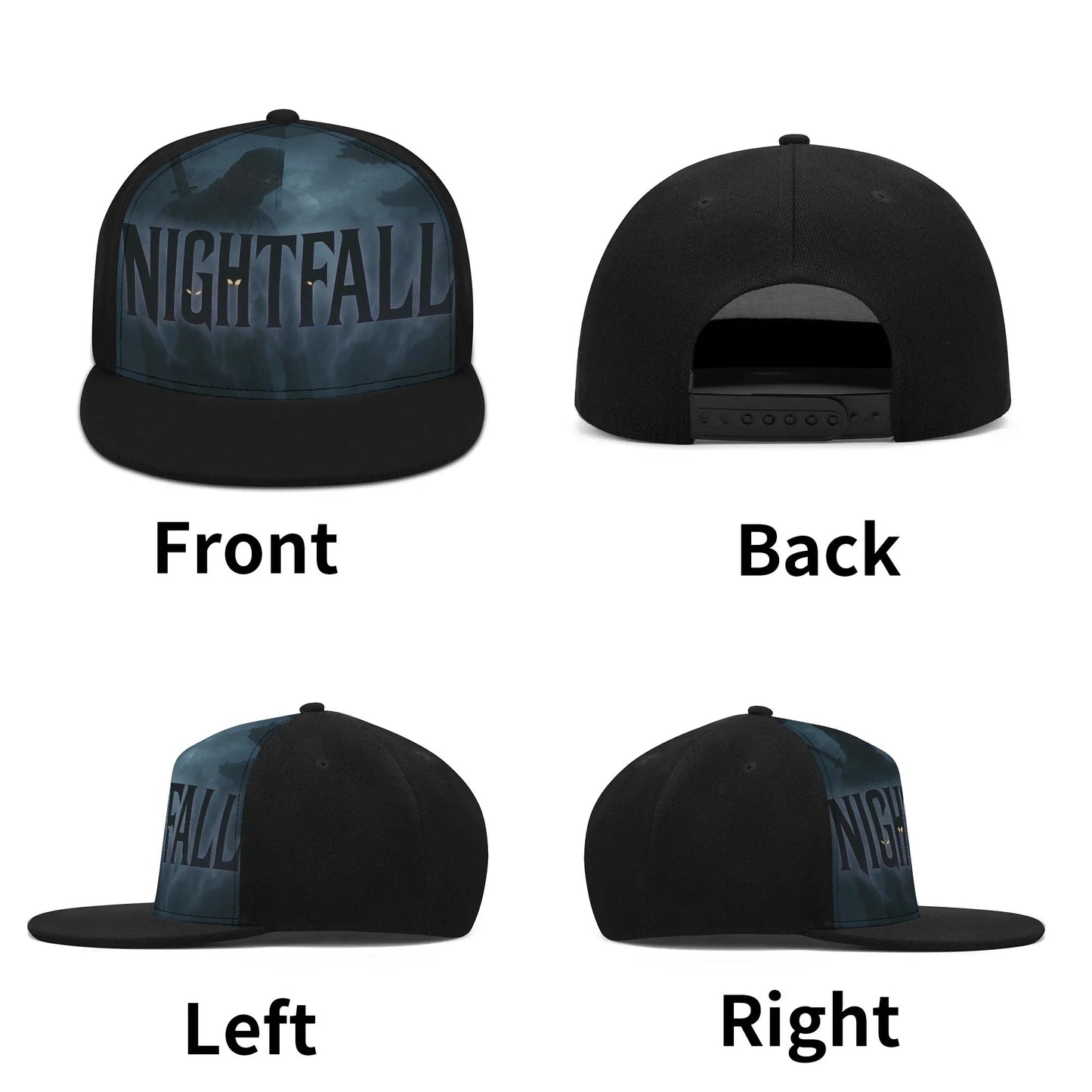 A baseball cap with a "Nightfall" design, shown from the front, back, left, and right.