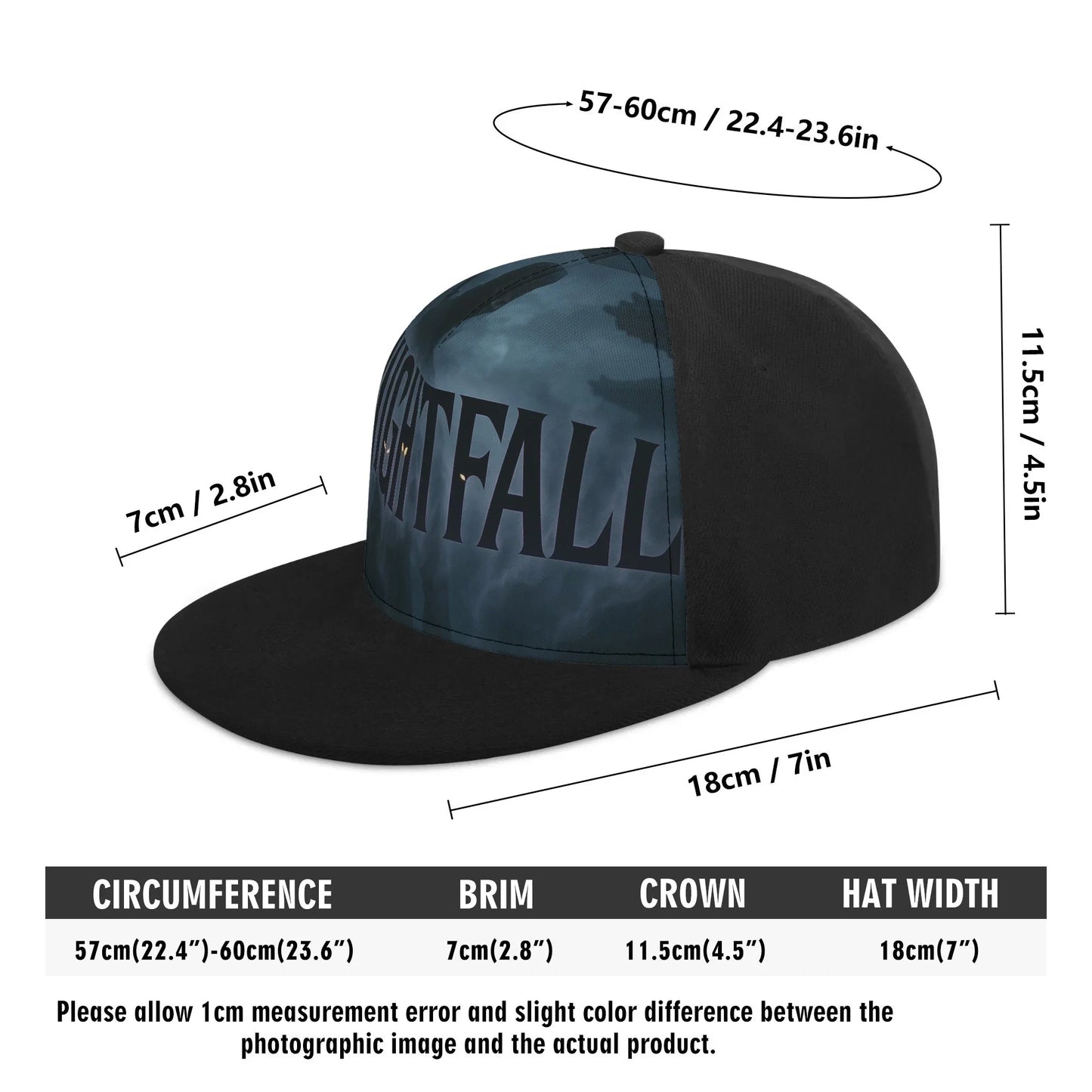 Baseball cap with black brim and sides, featuring the word "NIGHTFALL" on the front.
