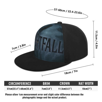 Baseball cap with black brim and sides, featuring the word "NIGHTFALL" on the front.