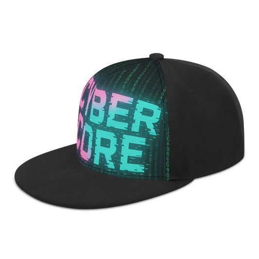 Black flat brim baseball cap with "Cyber Core" in pink and blue text and a background of green digital code.