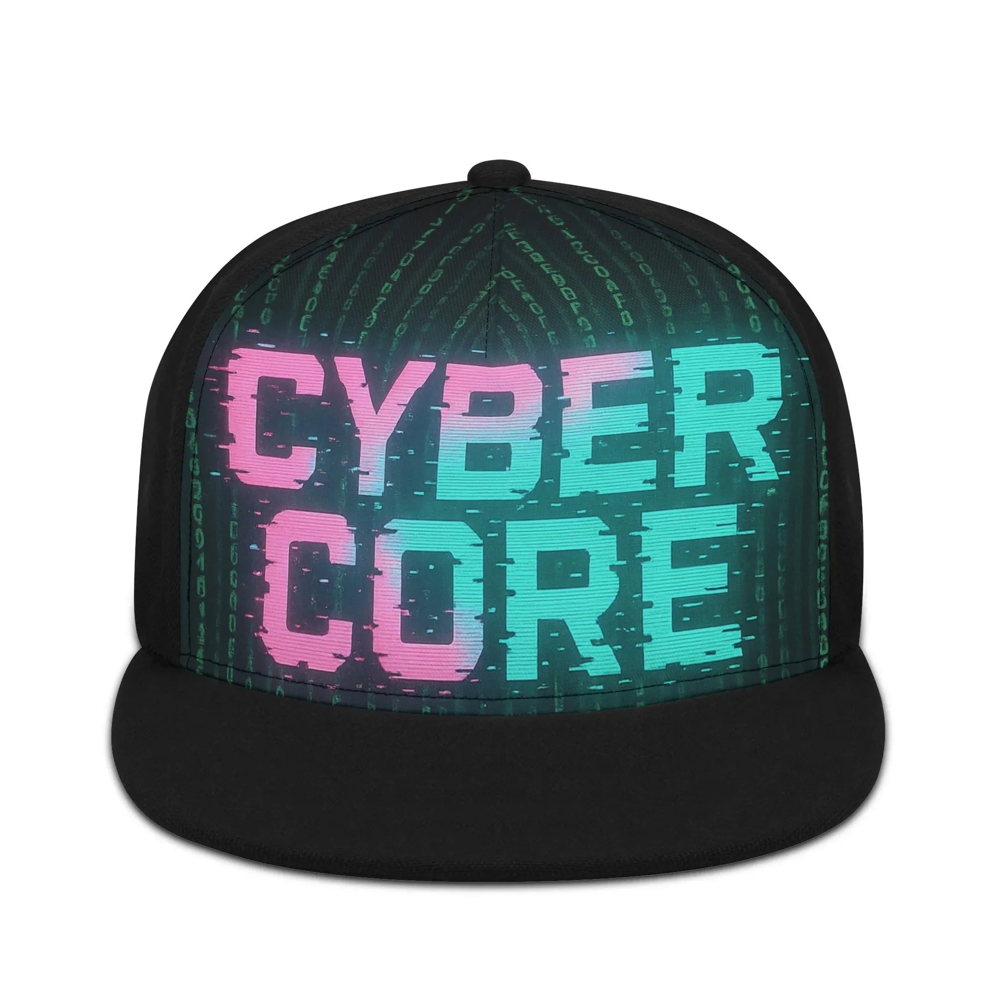 Black snapback hat with "CYBER CORE" in pink and turquoise. Hat features a matrix-like pattern on the crown.