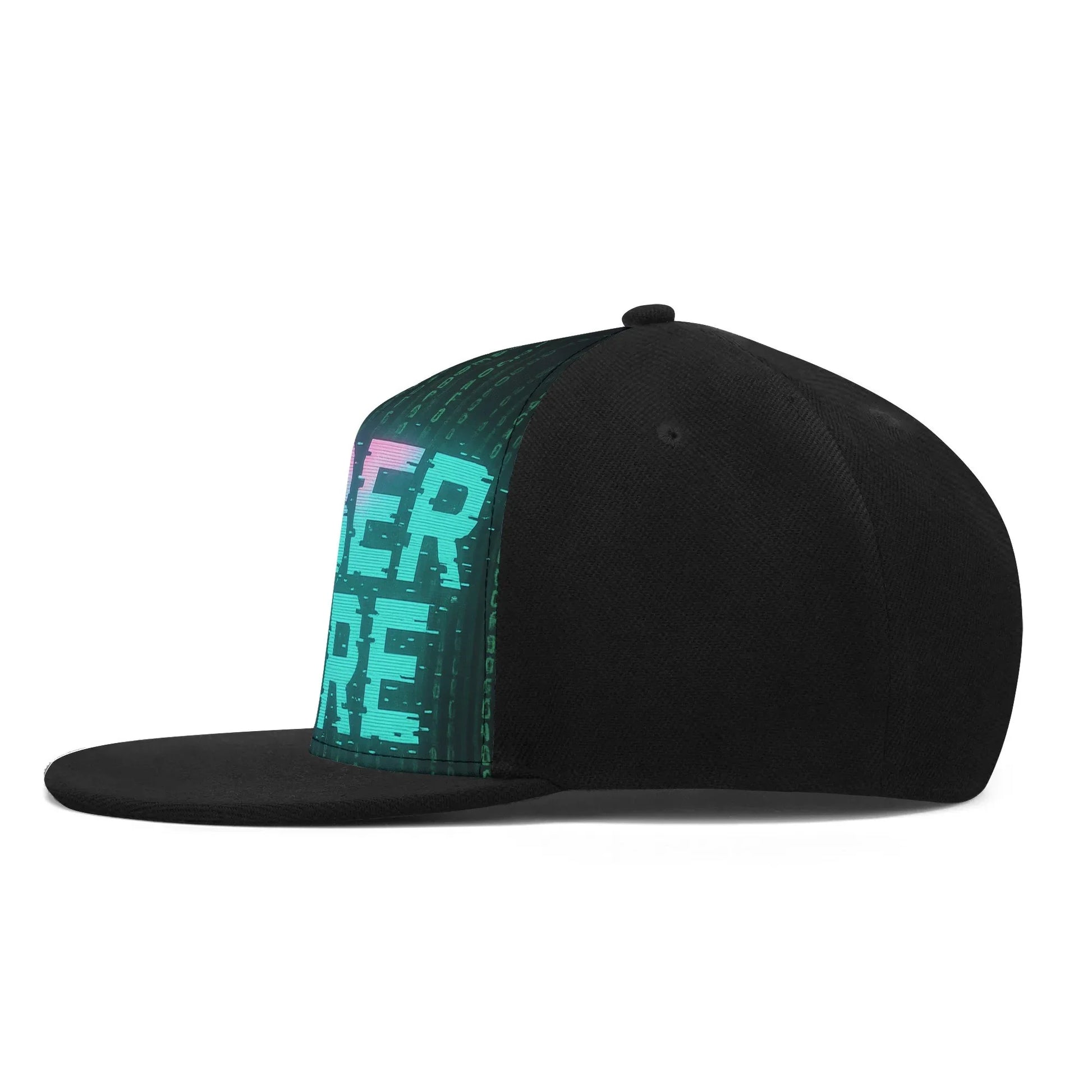 Black flat brim hat with digital design.