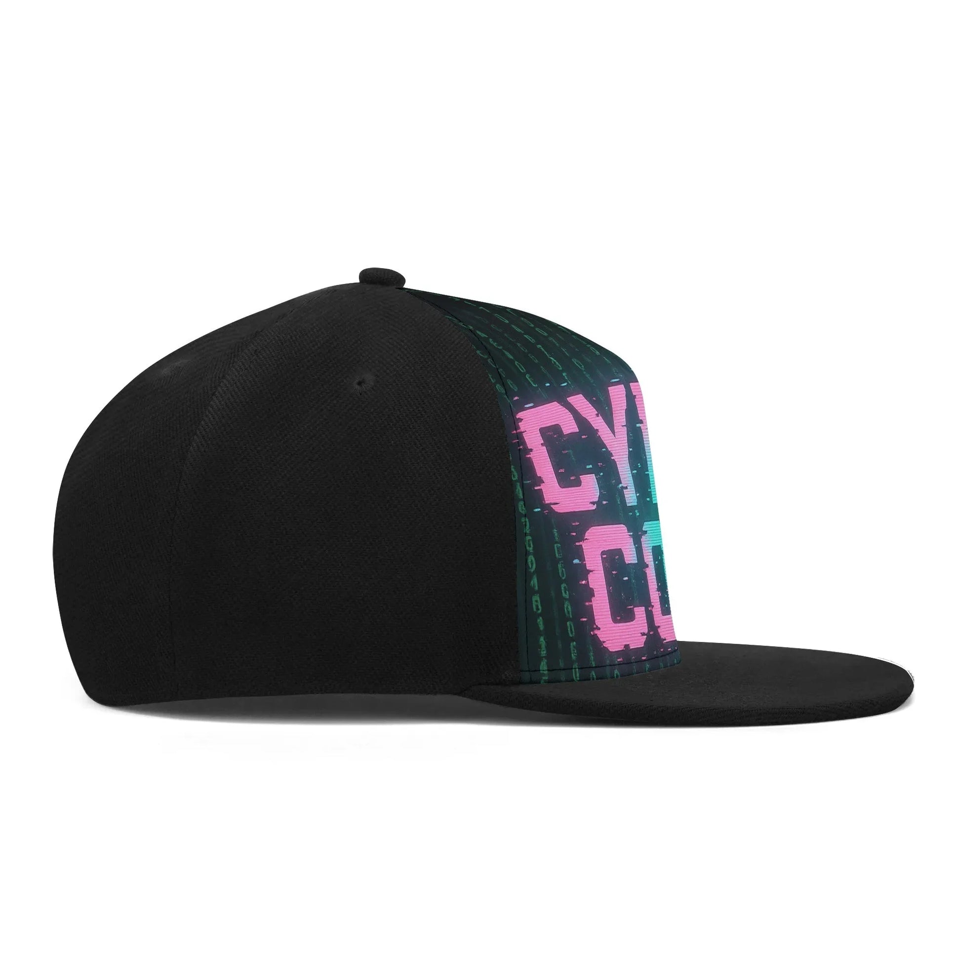 Black snapback hat with "CY" graphic and binary code pattern.