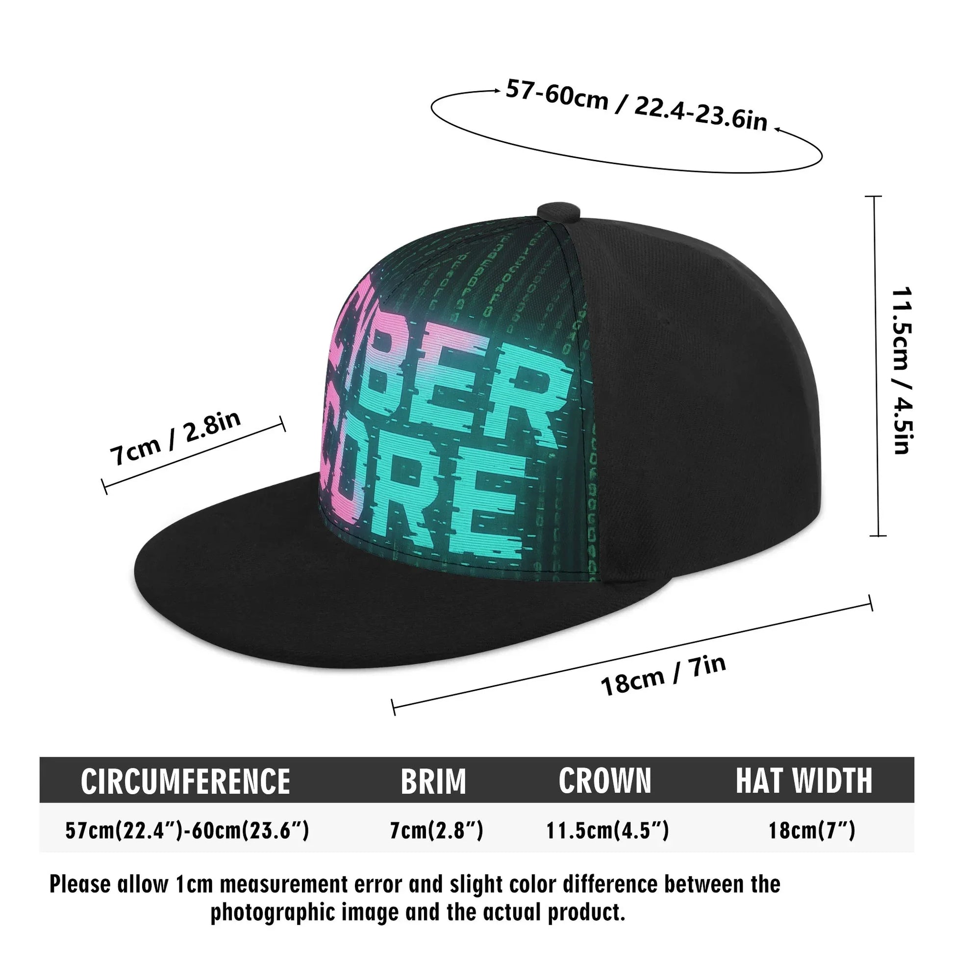 Black snapback hat with "cyber core" graphic and size measurements.