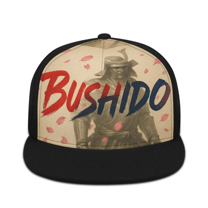 Black and beige hat with a samurai image and the word "Bushido".
