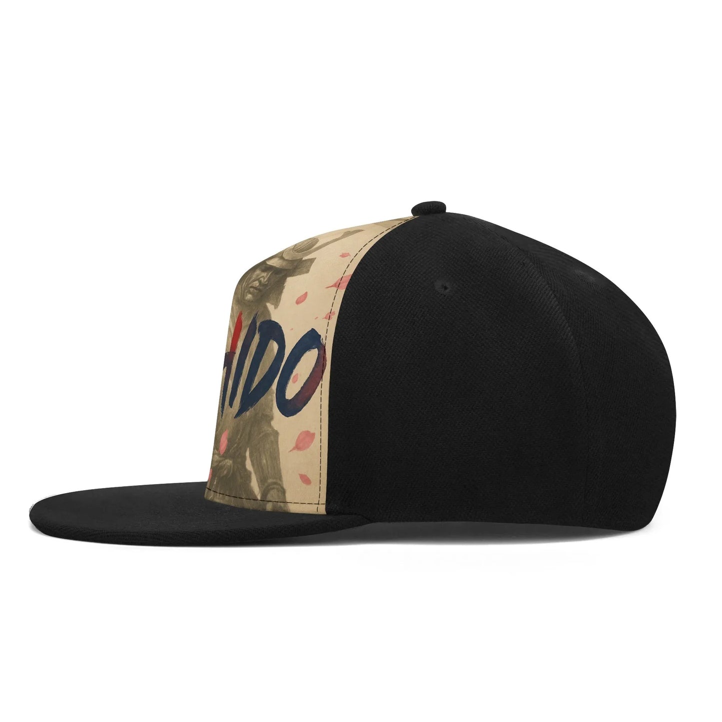 Black baseball cap with beige and black design.
