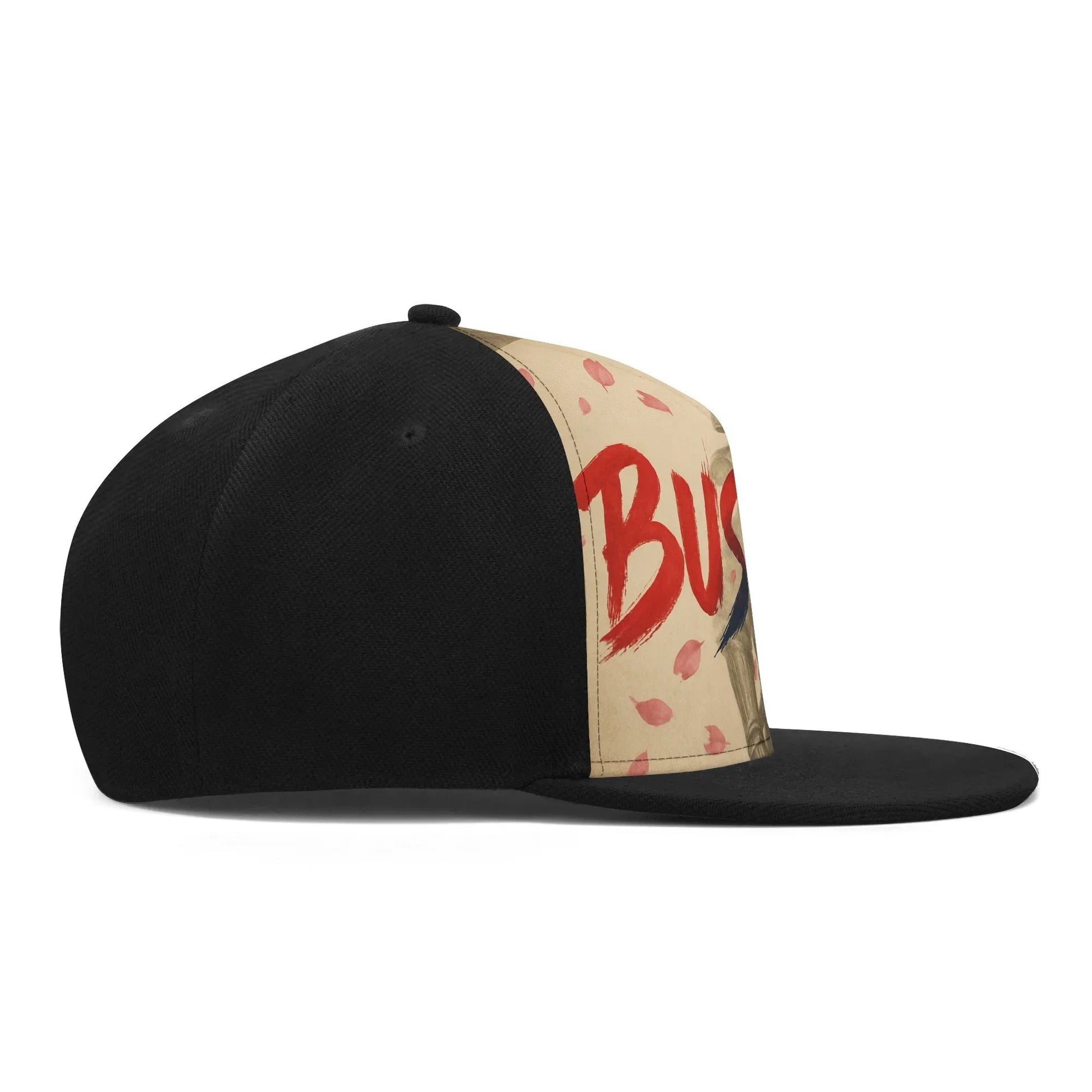 Black and tan flat-brim cap.