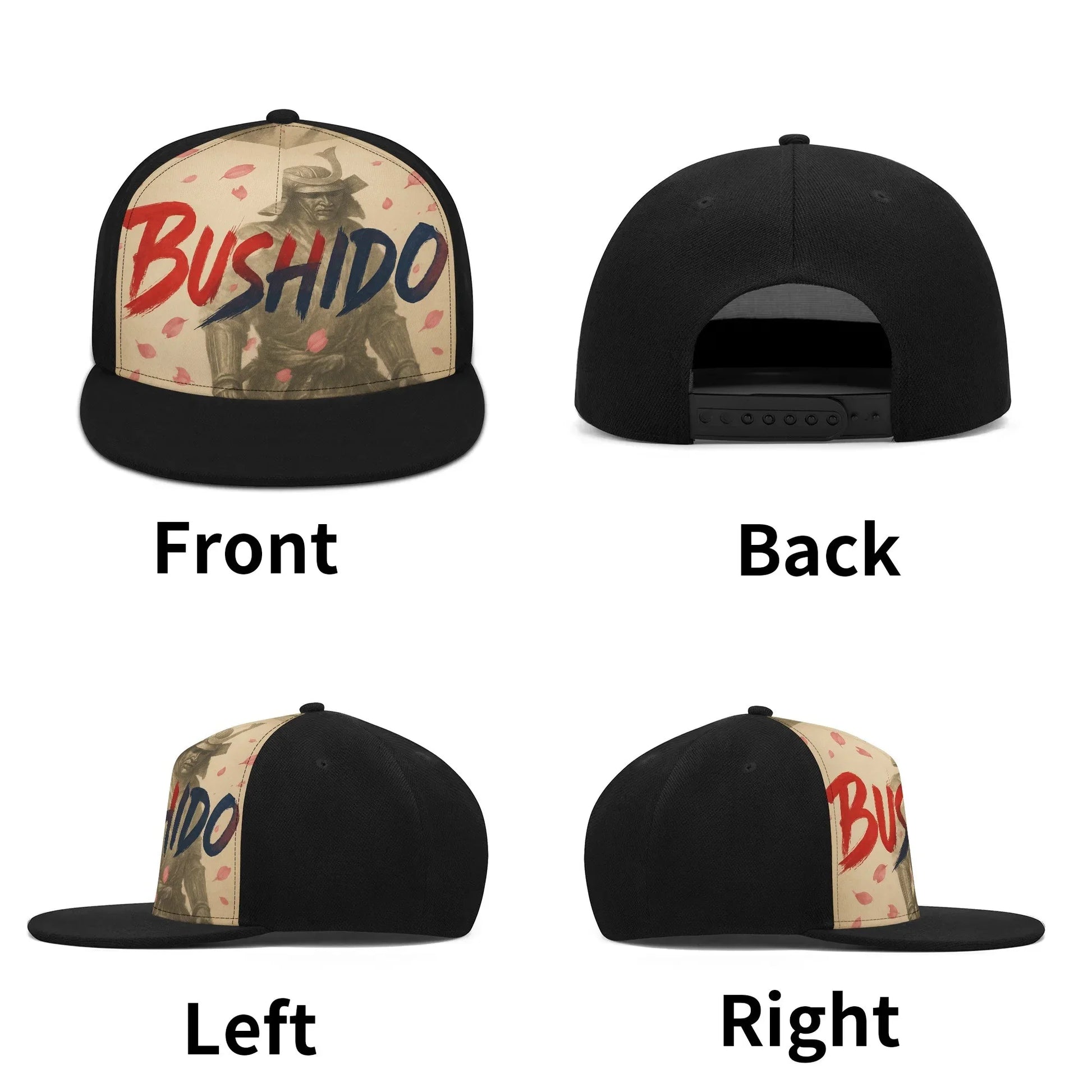 Snapback baseball cap with "Bushido" text and samurai graphic. Black sides and brim. Four-view product shot.