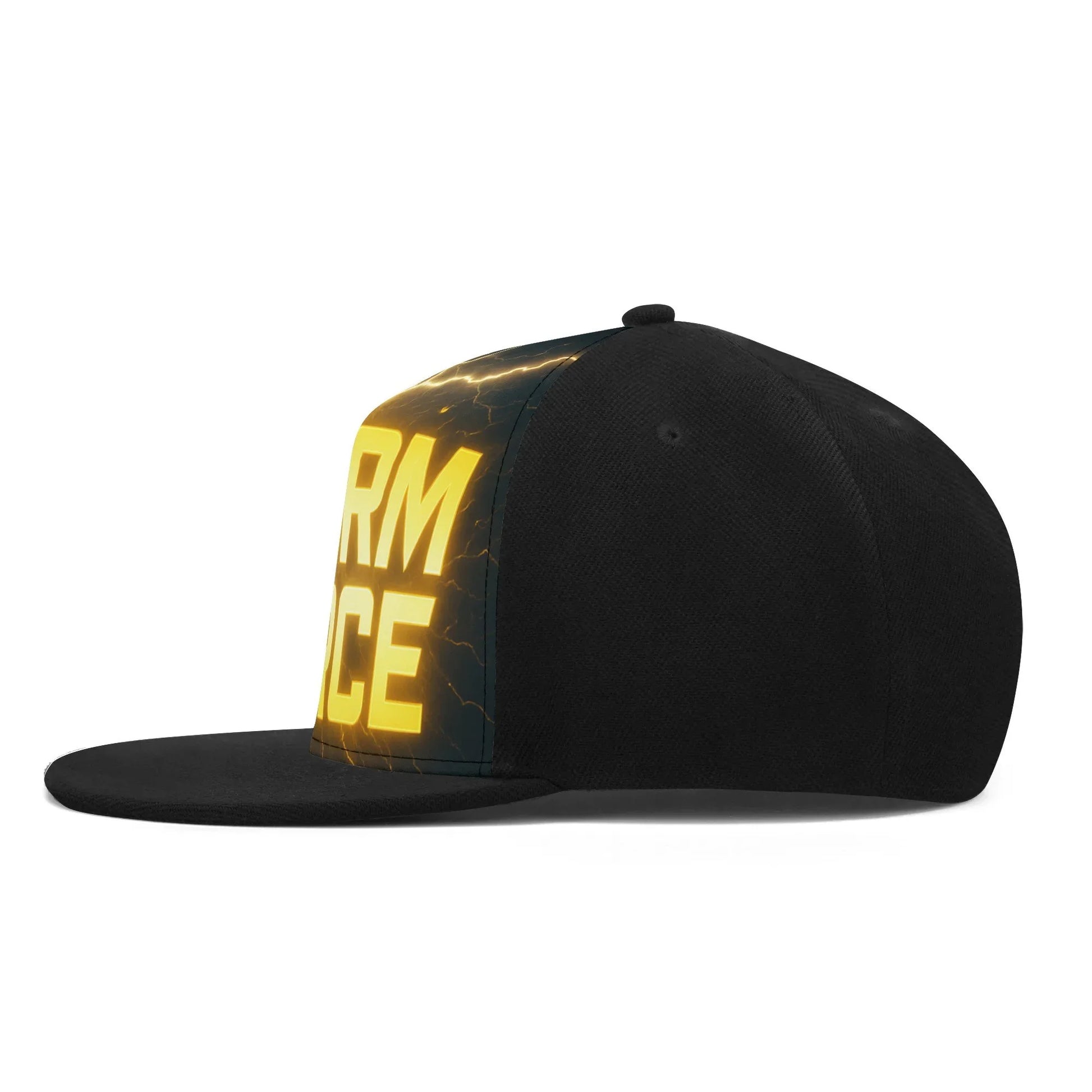 Black baseball cap with the glowing letters "RM CE" and lightning designs on the front.