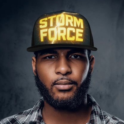 Man wearing a black "Storm Force" baseball cap.