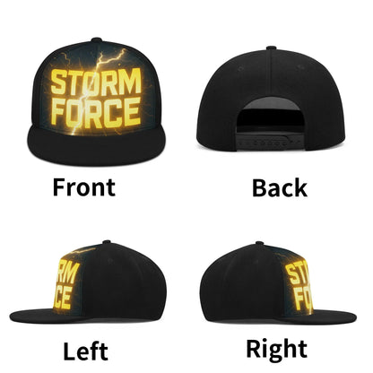 Black baseball cap with "Storm Force" text in glowing yellow, shown from front, back, left, and right views.