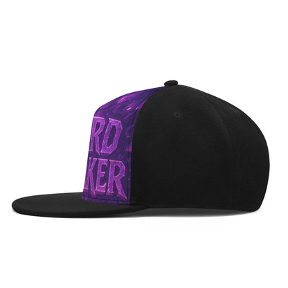Black flat-brimmed cap with a purple front panel featuring stylized lettering.