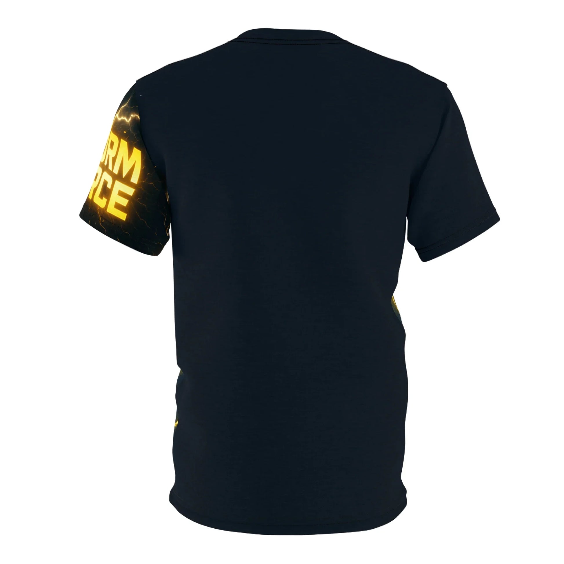 Navy t-shirt with "Storm Force" graphic on sleeve.