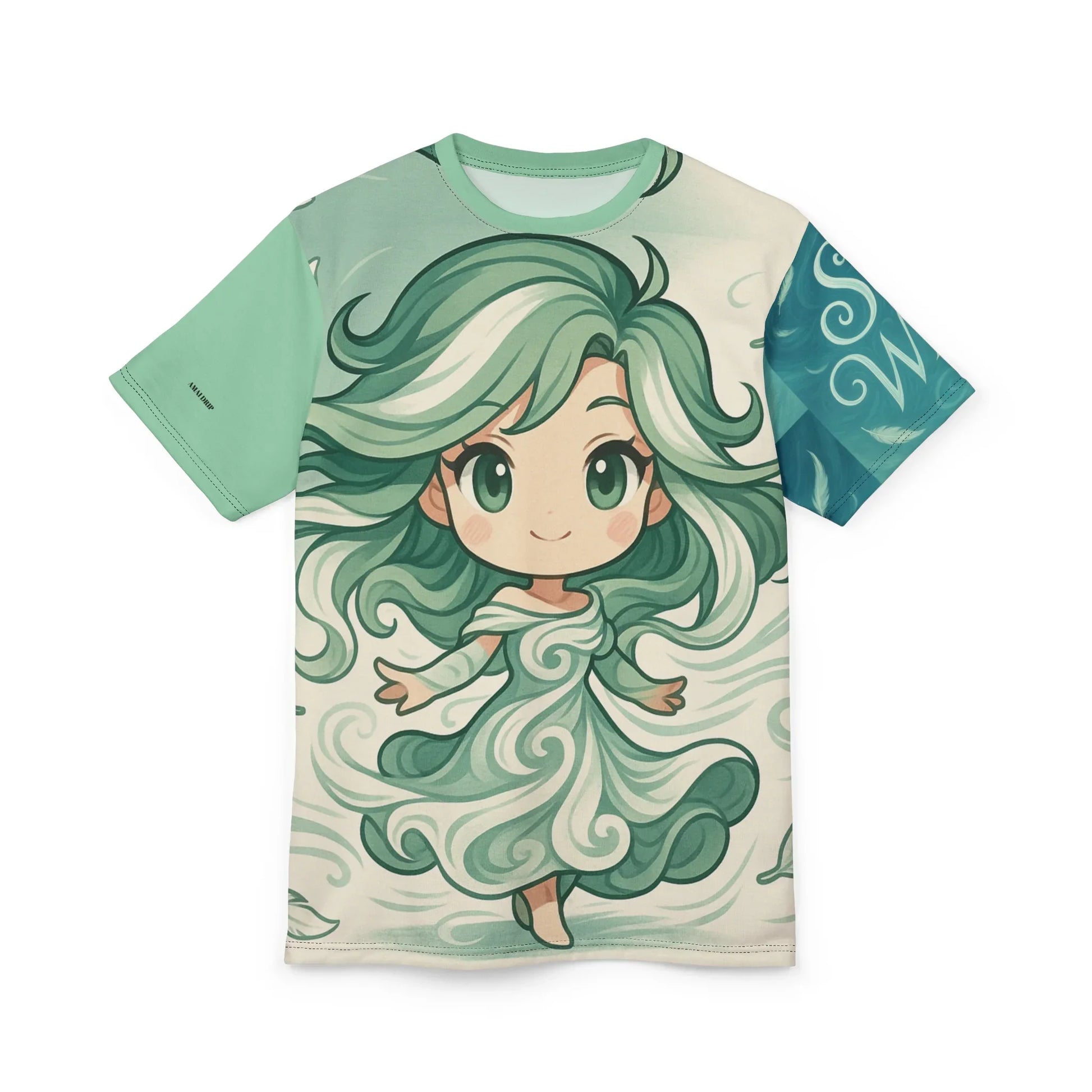 T-shirt featuring a green-haired anime girl in a swirling dress.