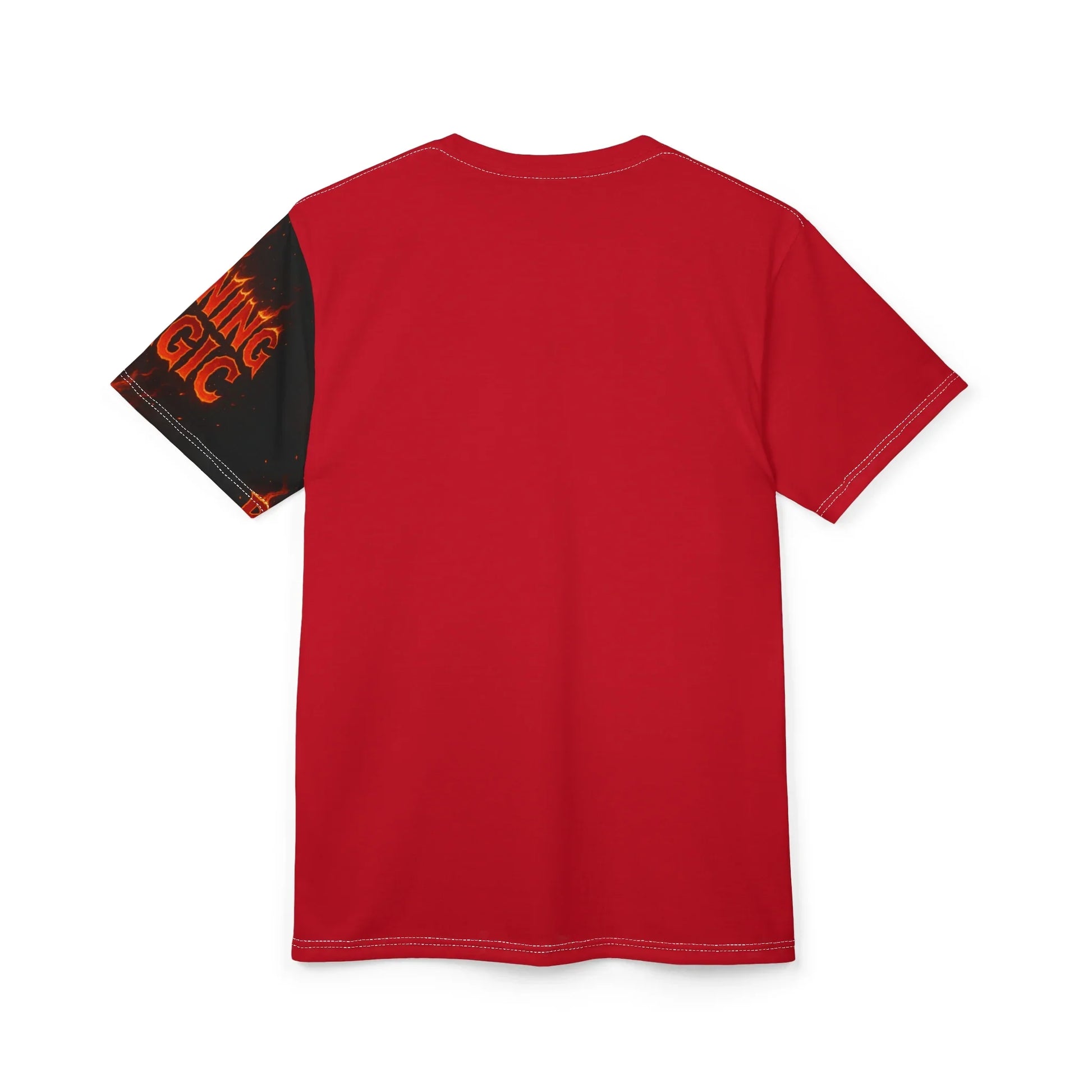 Red t-shirt with printed left sleeve.