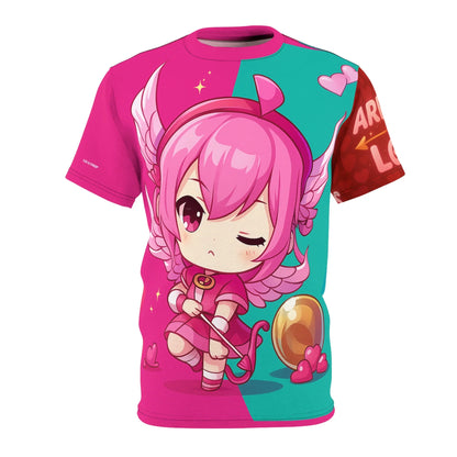 Pink and teal t-shirt featuring a cartoon cupid.