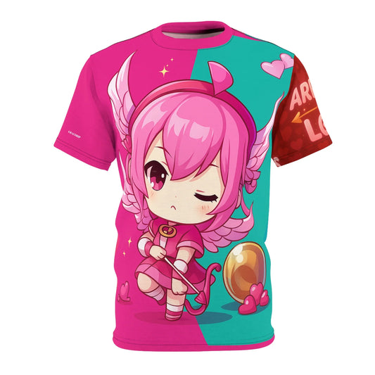 Pink and teal t-shirt featuring a cartoon cupid.
