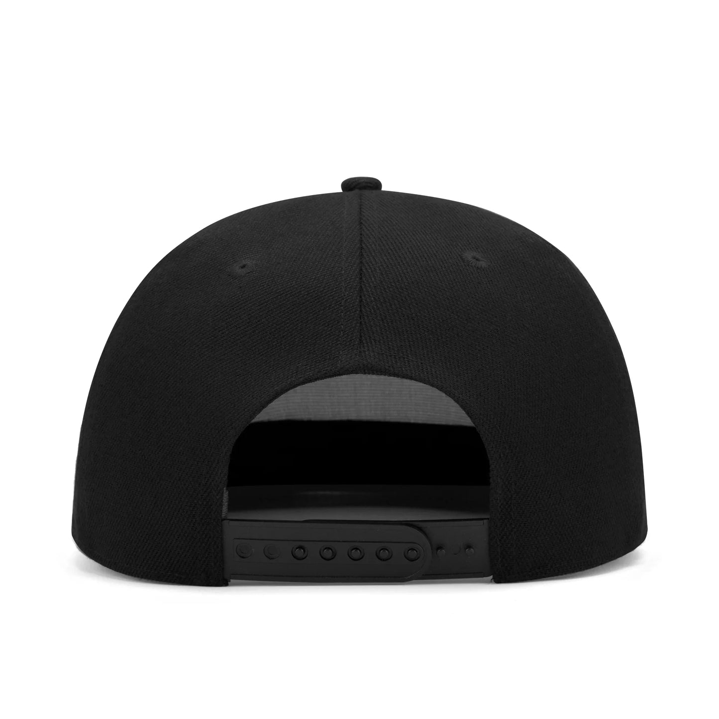 Back of a black snapback hat.