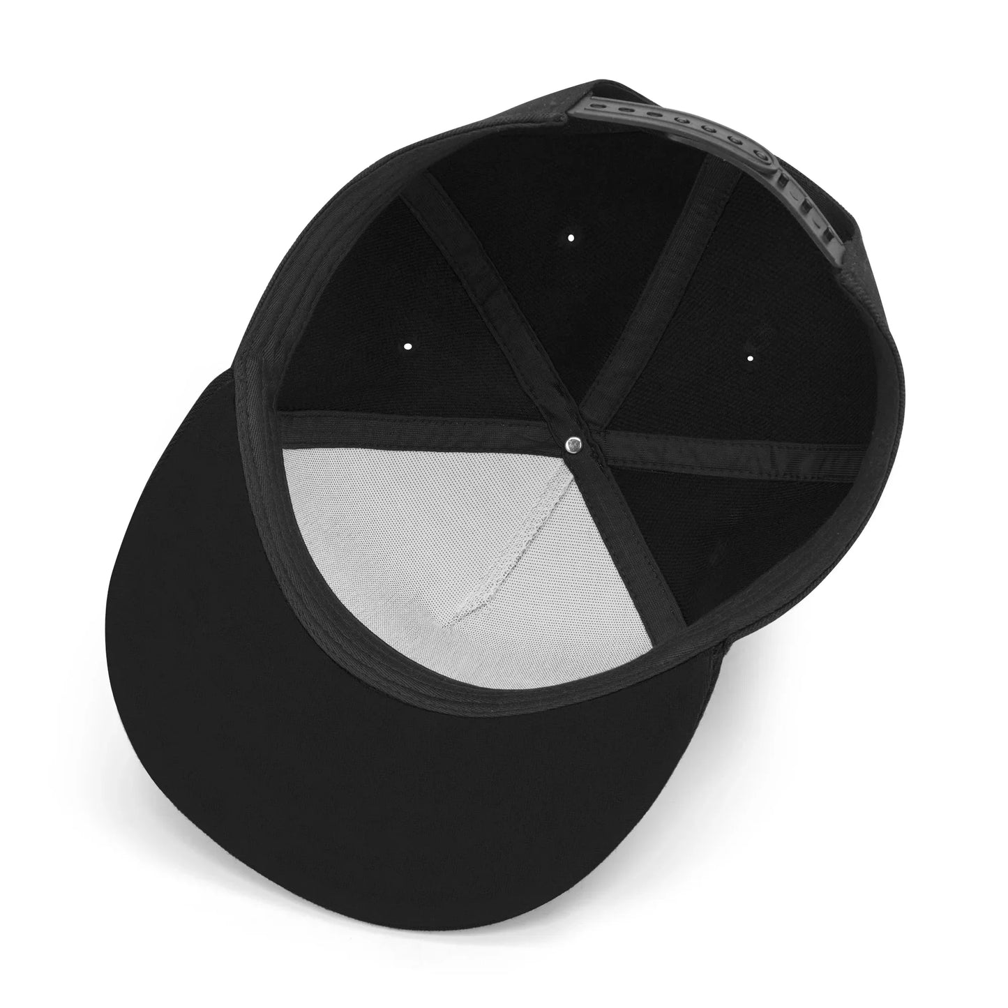 Black flat-brim baseball cap, seen from below.