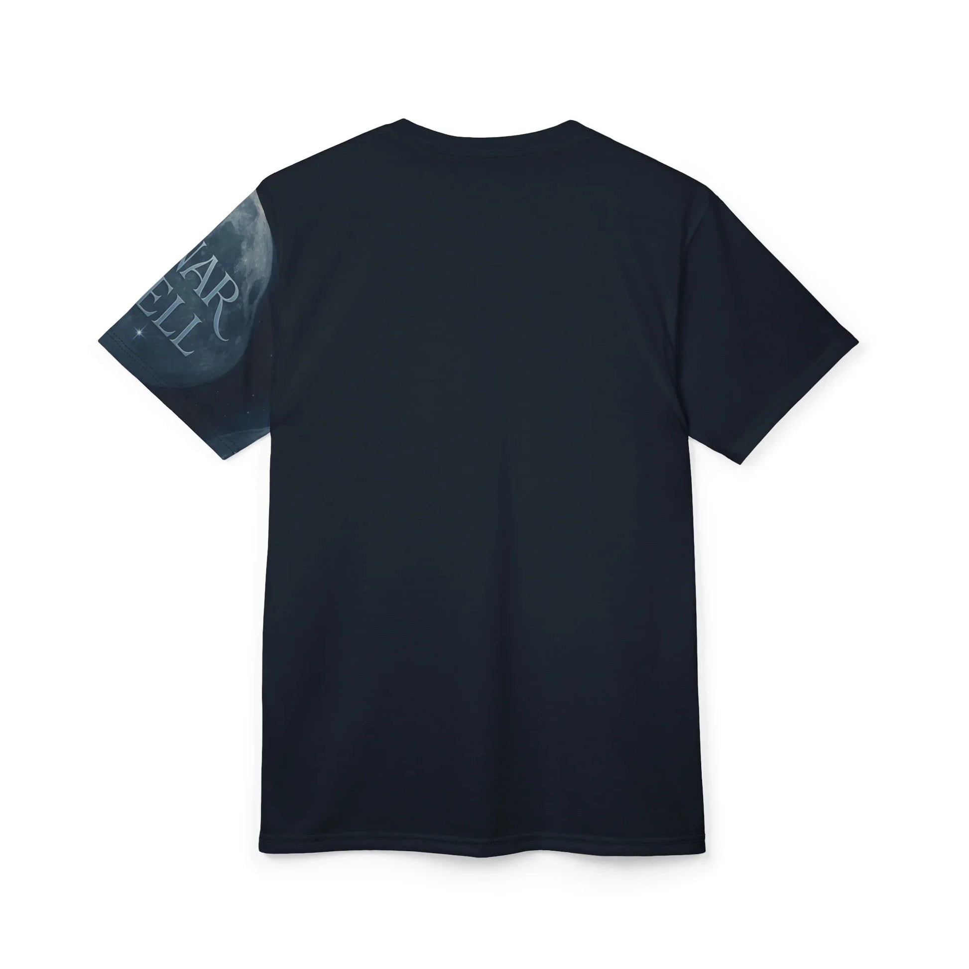 Back of a dark blue t-shirt with a lunar-themed design on the left sleeve.