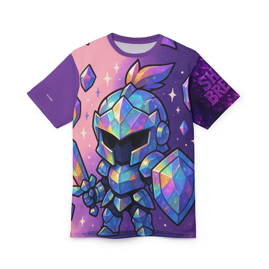 T-shirt with cartoon knight and gemstone design.