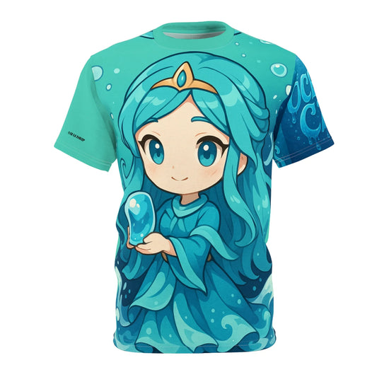 Aqua t-shirt featuring a cartoon water goddess.