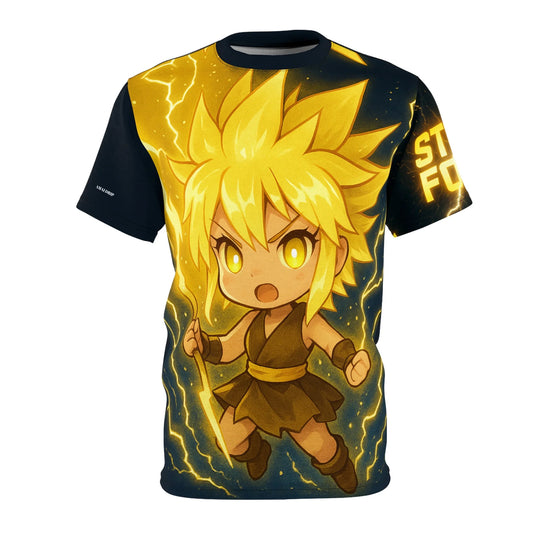 T-shirt with an anime-style character and lightning bolts.