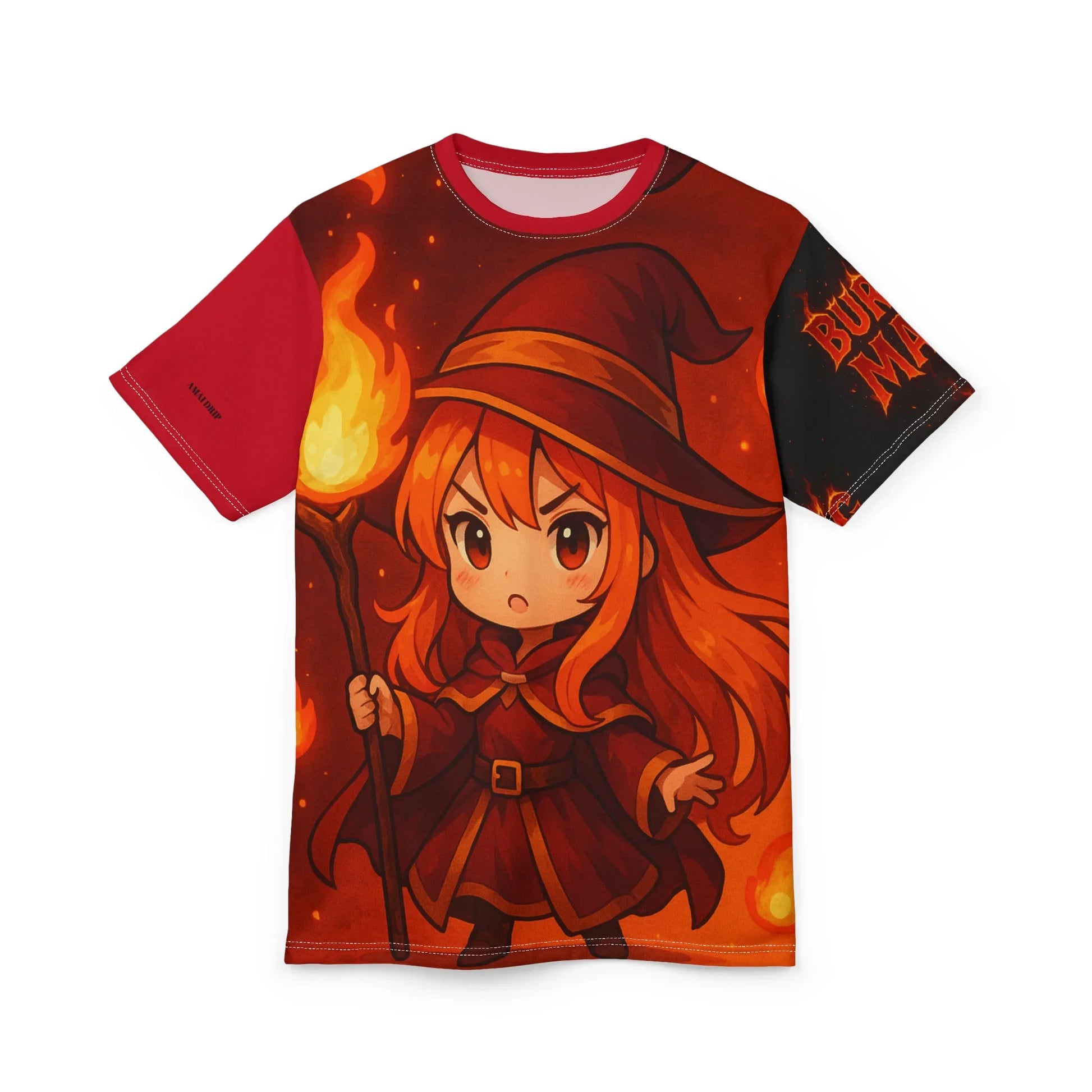 Red t-shirt with a cartoon wizard on fire background.