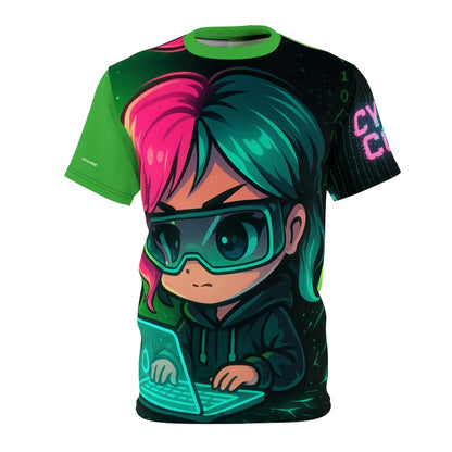 T-shirt with a cartoon of a hacker girl in a hoodie using a laptop. The shirt is green, black, and pink.