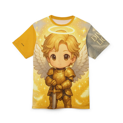 T-shirt with angel cartoon graphic.