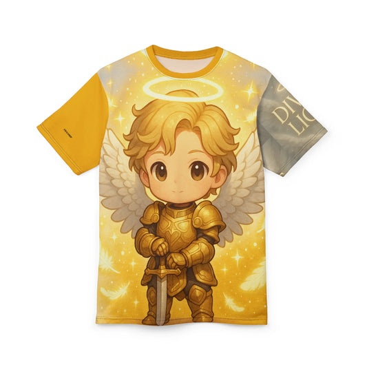 T-shirt with angel cartoon graphic.