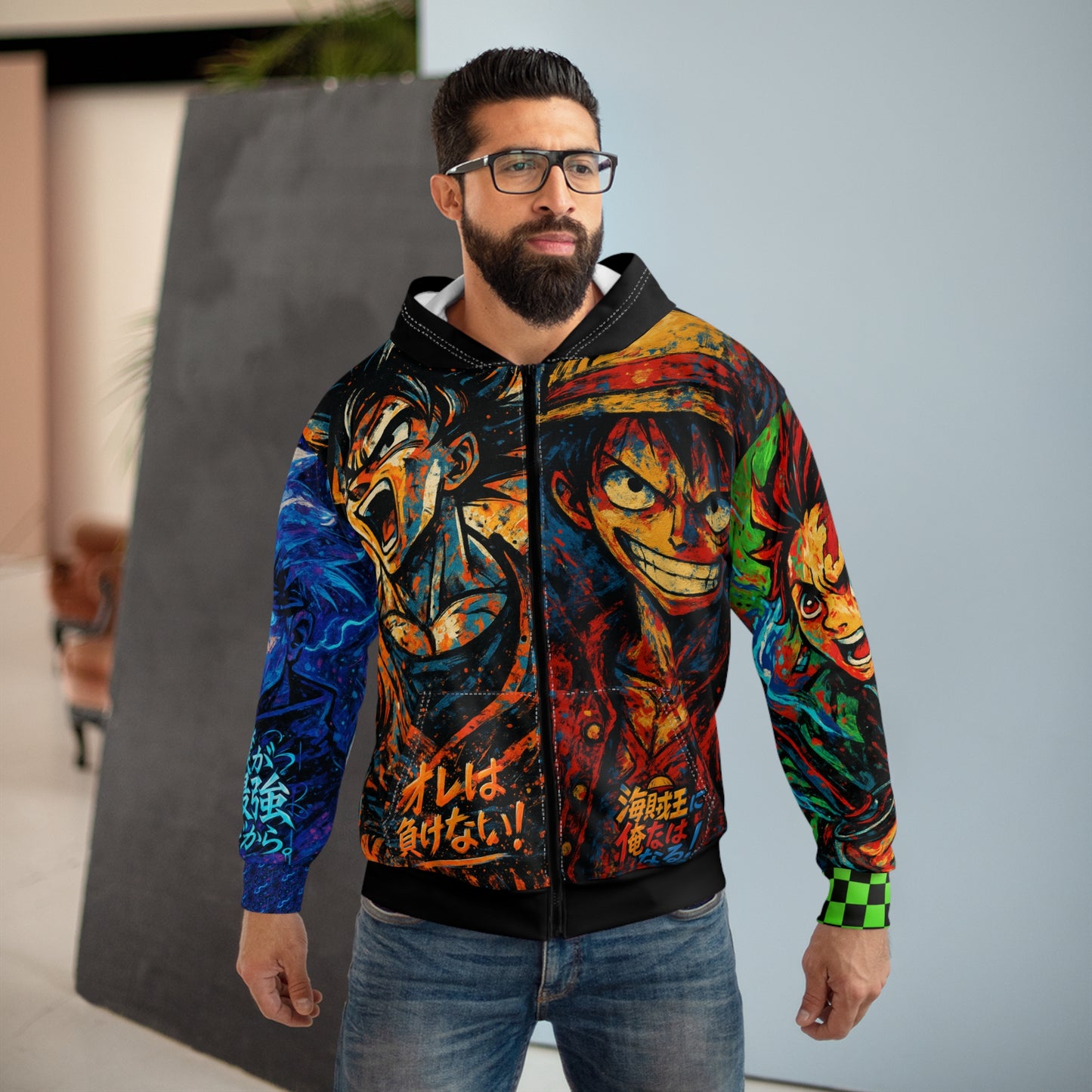 Anime-Inspired Unisex Zip Hoodie with Bold Graphic Design