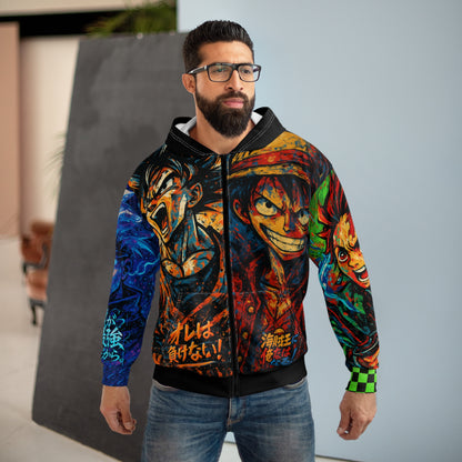 Anime-Inspired Unisex Zip Hoodie with Bold Graphic Design