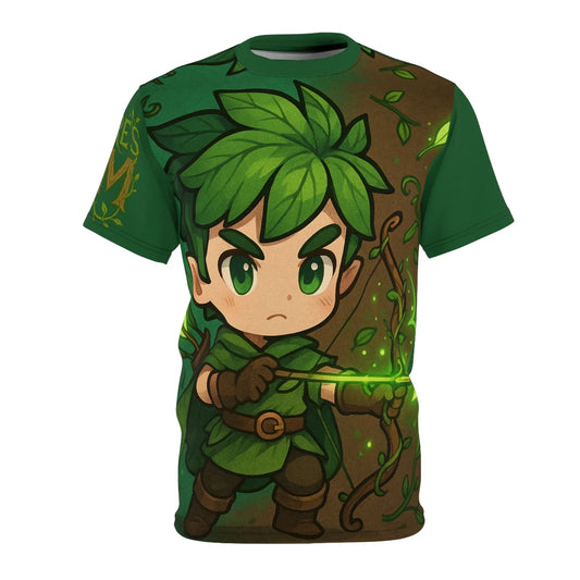 Green t-shirt with a cartoon archer and tree design.