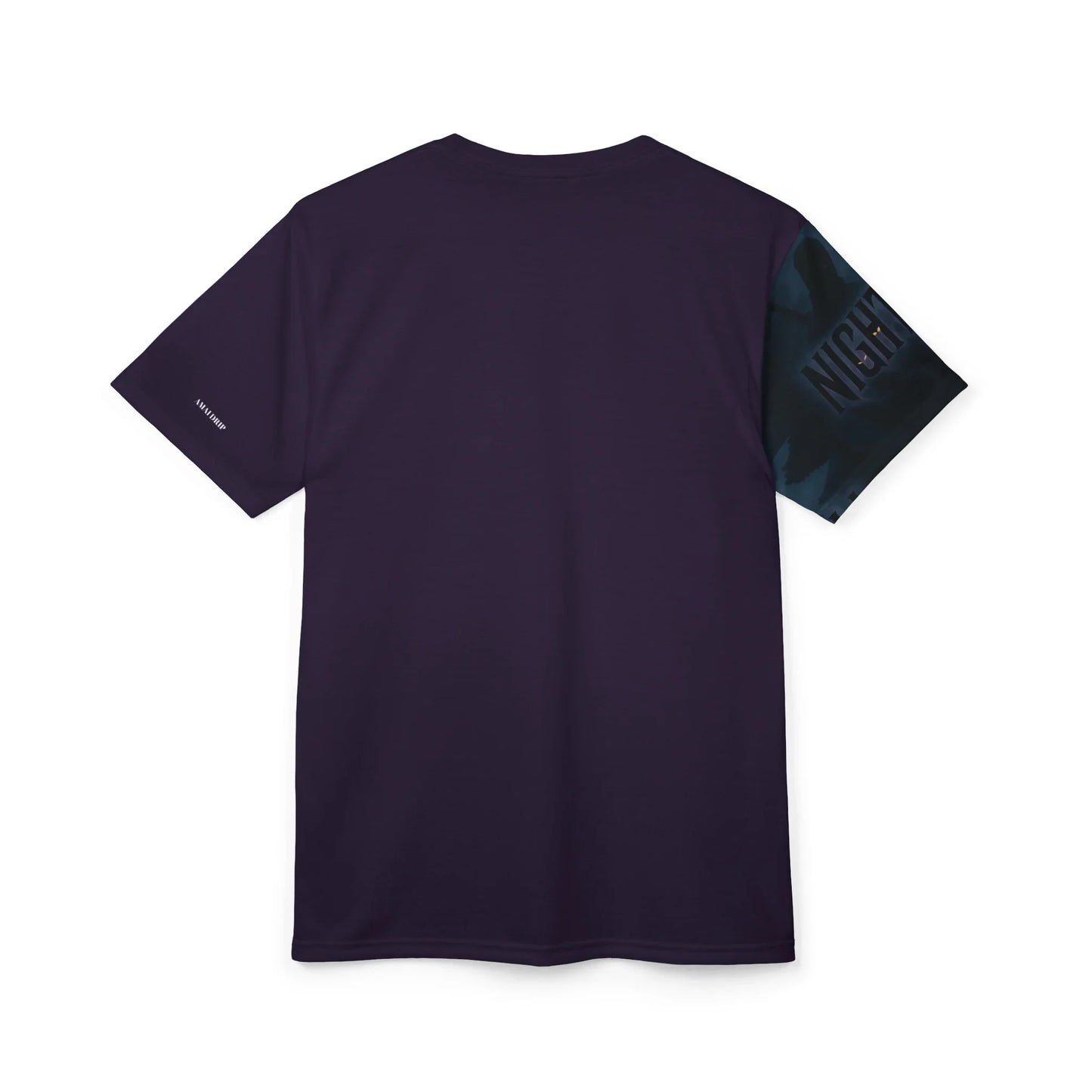 Rear view of a dark purple t-shirt with graphic print on the right sleeve.