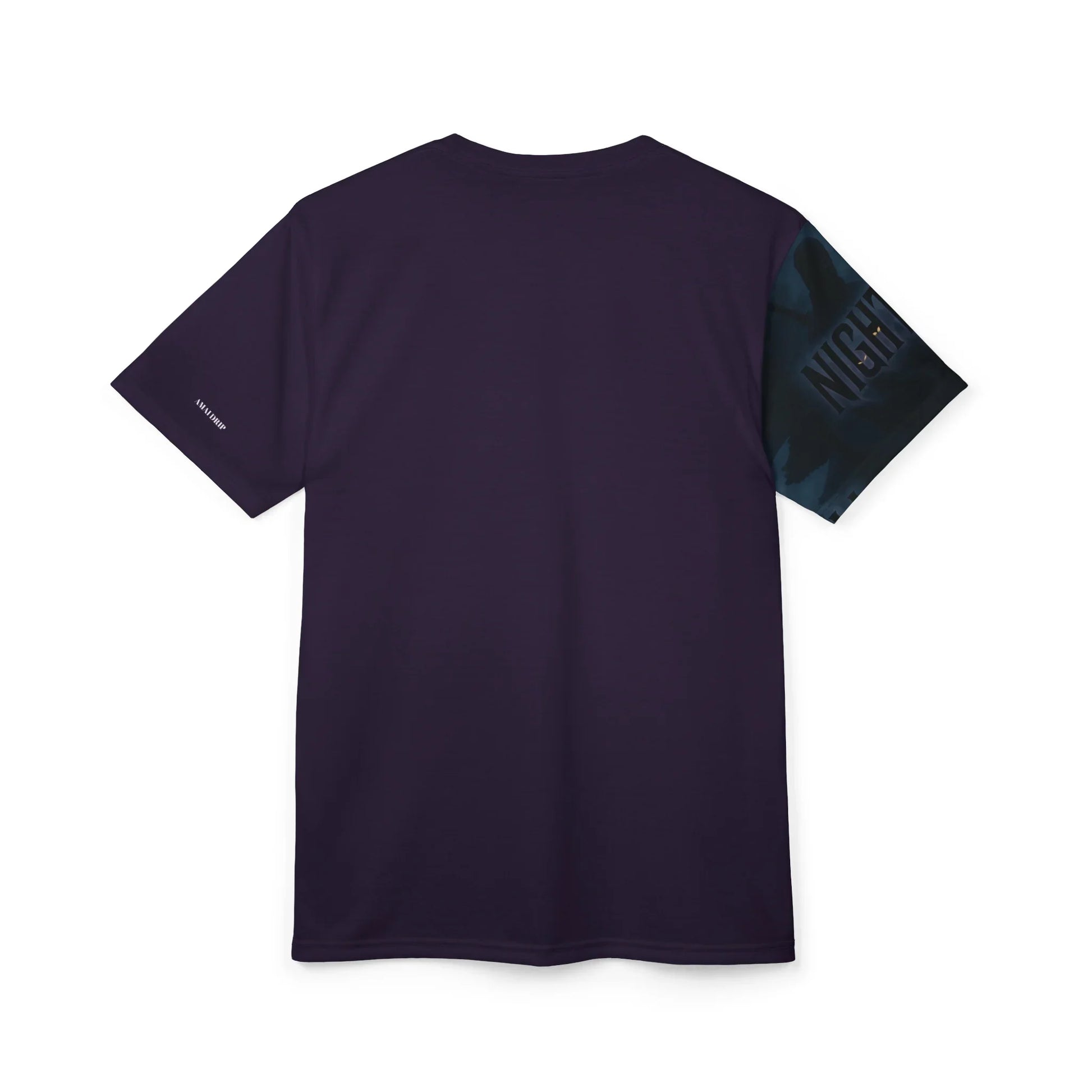 Rear view of a dark purple t-shirt with graphic print on the right sleeve.