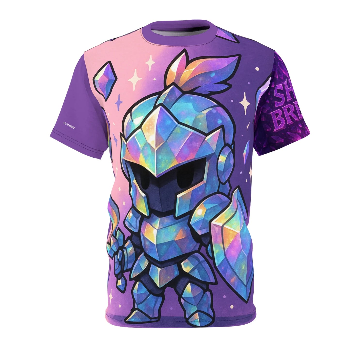 A t-shirt featuring a cartoon crystal knight in armor.