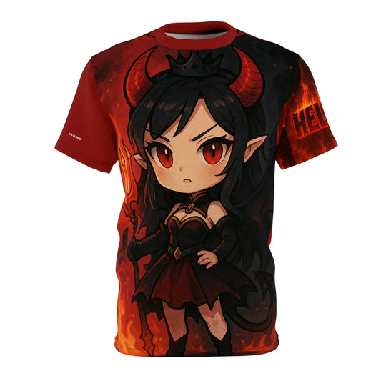 T-shirt with anime-style devil girl graphic on a fiery background.